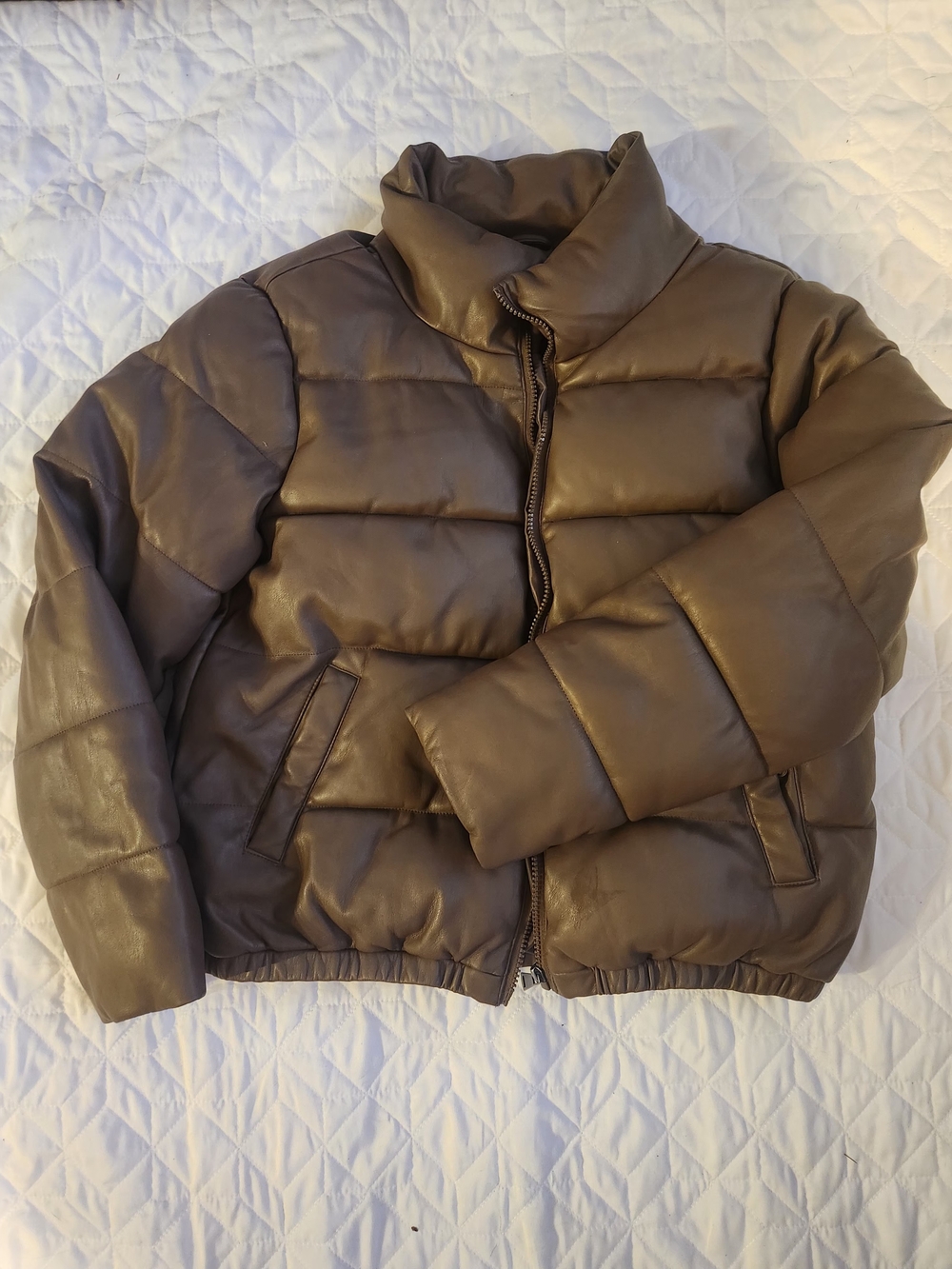 Brown Puffer Jacket - Quilted Faux-Leather Coat